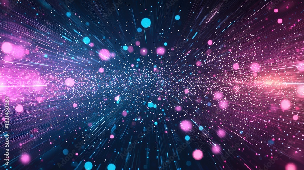 Poster a vibrant, abstract digital background featuring colorful particles and dynamic light streaks creati