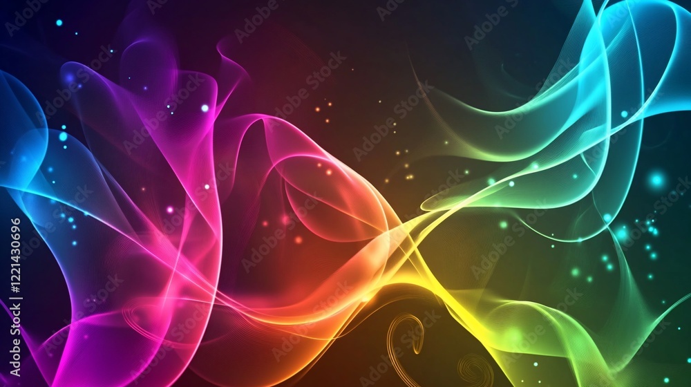 Poster abstract colorful swirls with glowing particles in dark background for digital art