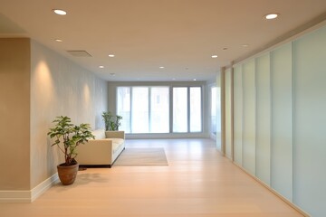 Fototapeta premium A serene urban studio with light plaster walls, simple vertical glass panels, and recessed lighting