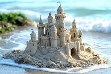 Obraz premium Intricate sandcastle stands proudly on the beach as gentle ocean waves lap at its base