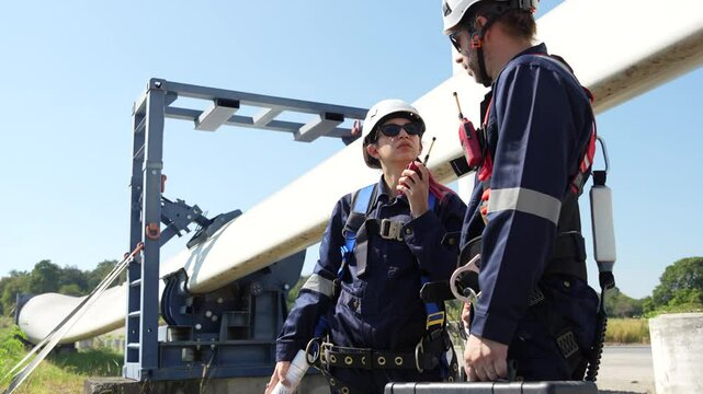 VDO 4K, Engineers in safety gear conduct a detailed inspection of wind turbine blades at a construction site. Large blades are placed on the ground, highlighting the renewable energy technology.
