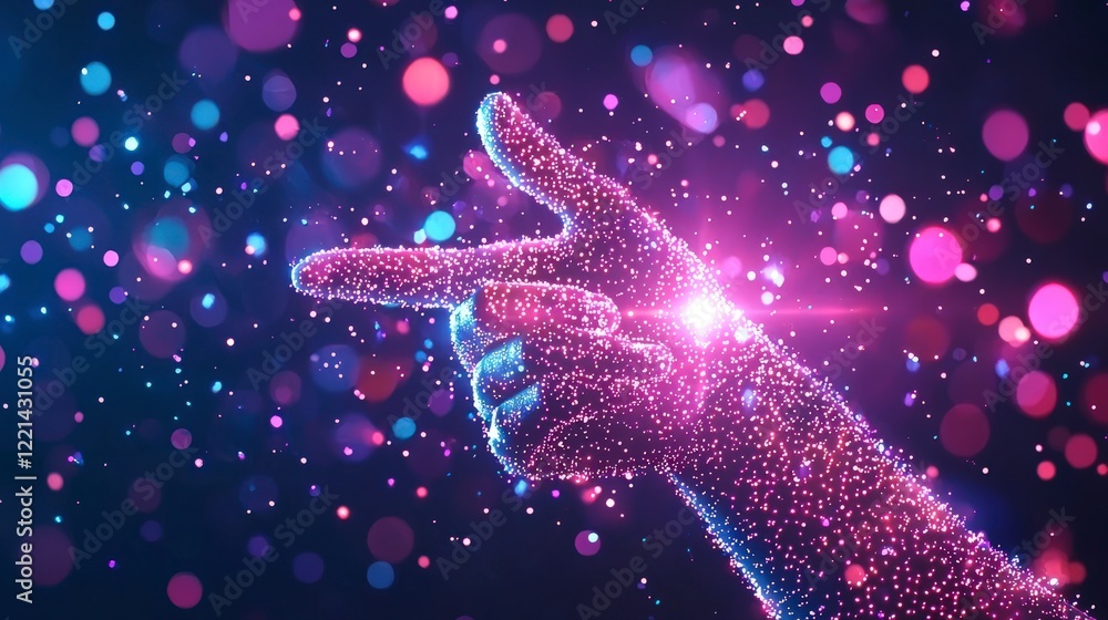Poster a vibrant hand gesture surrounded by colorful particles, creating a sense of magic and wonder. perfe