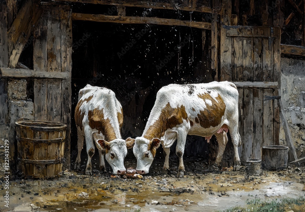 Poster two brown and white cows grazing in a rustic barn setting surrounded by natural elements and wooden 