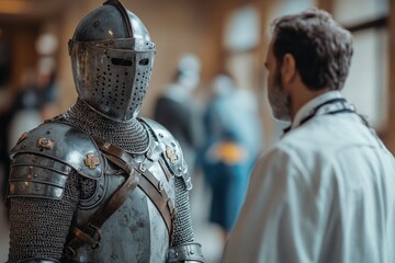 Knight in shining armor stands next to scientist, discussing something important