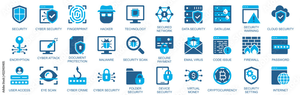 Poster cyber security icon set in flat duotone solid icons web design. pack pictograms with fingerprint, ha