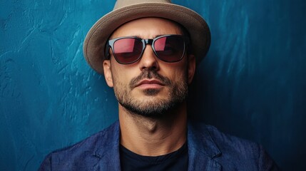 Obraz premium A man wearing a hat and sunglasses is posing for a photo