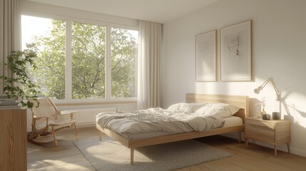 A bedroom with a wooden bed, a white dresser, and a rug