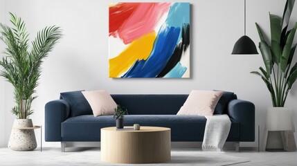 Abstract colorful painting on canvas in modern living room.
