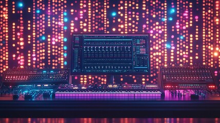 A vibrant music studio setup featuring digital audio equipment, illuminated by colorful lights, showcasing modern sound production technology.