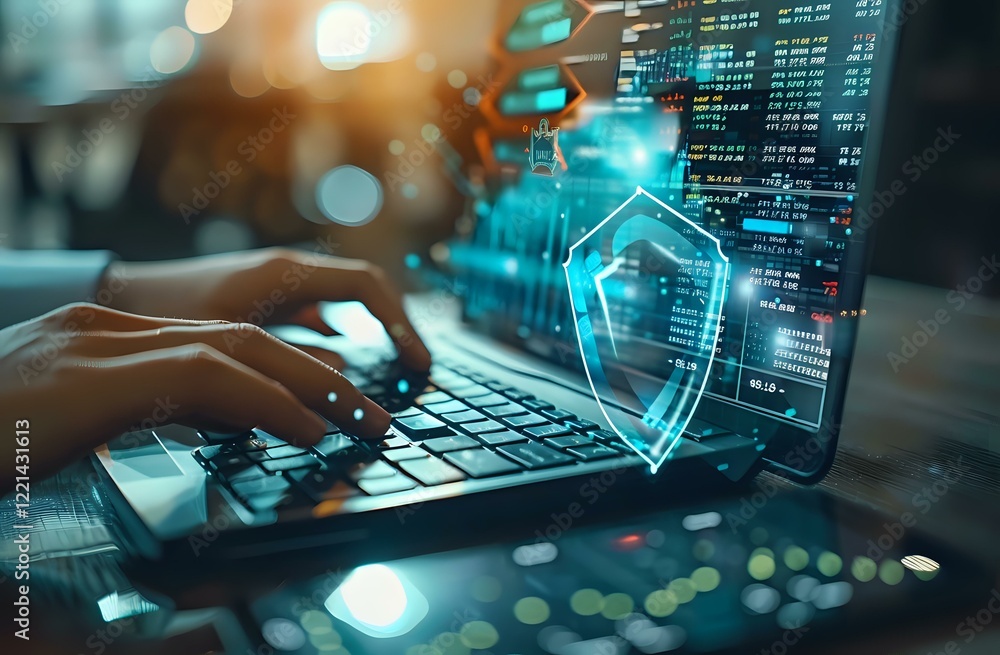 Poster cybersecurity concept showing hands typing on laptop with digital shield hologram and data protectio
