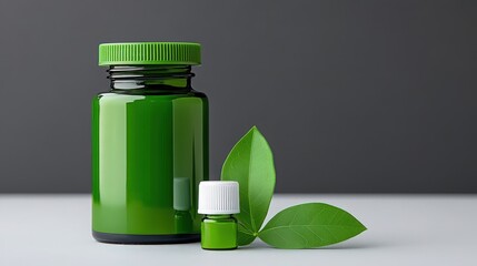 Green Essential Oil Bottles: Two green glass bottles, one larger and one smaller, sit beside vibrant green leaves, suggesting a natural, organic product.  The image is clean and minimalist.