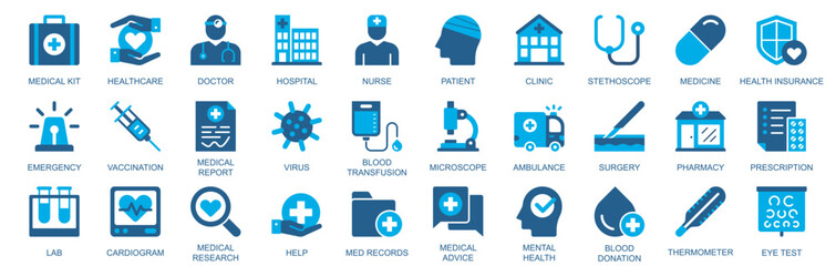 Medical icon set in flat duotone solid icons web design. Pack pictograms with healthcare, doctor, hospital, nurse, patient, clinic, medicine, health, insurance, emergency, other. Vector illustration.