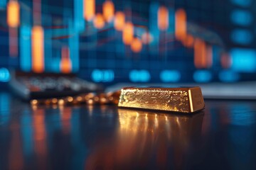 Close up of a shiny gold ingot on a dark table amidst rising graphs