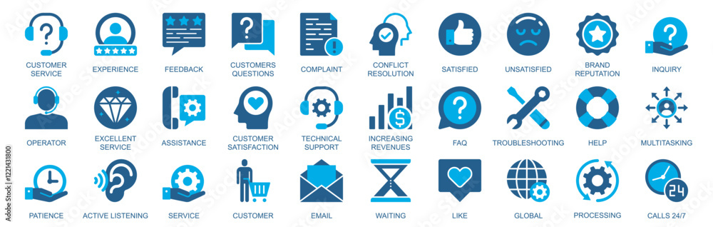 Aufkleber customer service icon set in flat duotone solid icons web design. pack pictograms with experience, f