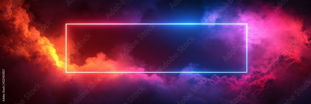 Aufkleber vibrant neon rectangle frame illuminating colorful nebula clouds in a starry night sky, creating a c