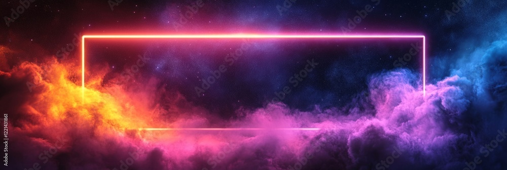Poster vibrant neon rectangle frame illuminating colorful nebula clouds in a starry night sky, creating a c