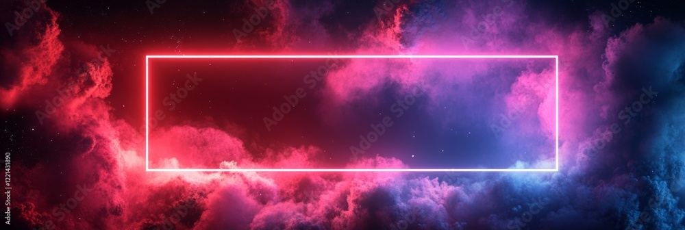 Poster vivid neon rectangle glows behind a colorful nebula cloud, creating a striking cosmic backdrop