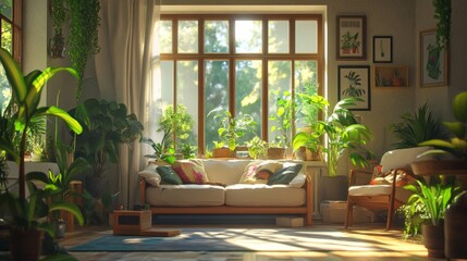 Fototapeta premium Cozy Indoor Living Space Adorned With Plants and Natural Light in a Peaceful Setting During Daytime