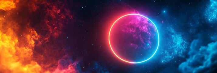 Obraz premium Vibrant nebulae clouds and stars surround glowing neon circle in a cosmic scene