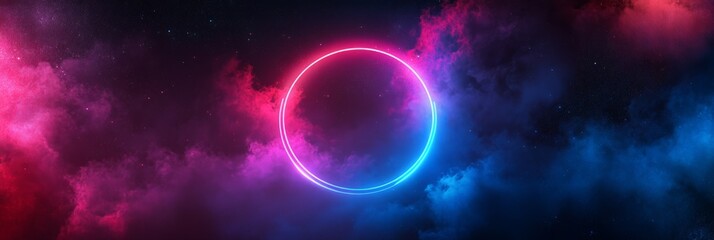 Vibrant neon circle glowing against a backdrop of colorful nebula clouds and twinkling stars, creating a cosmic atmosphere