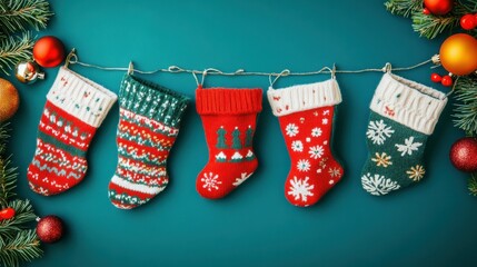 Colorful christmas stockings hanging on twine with festive decorations