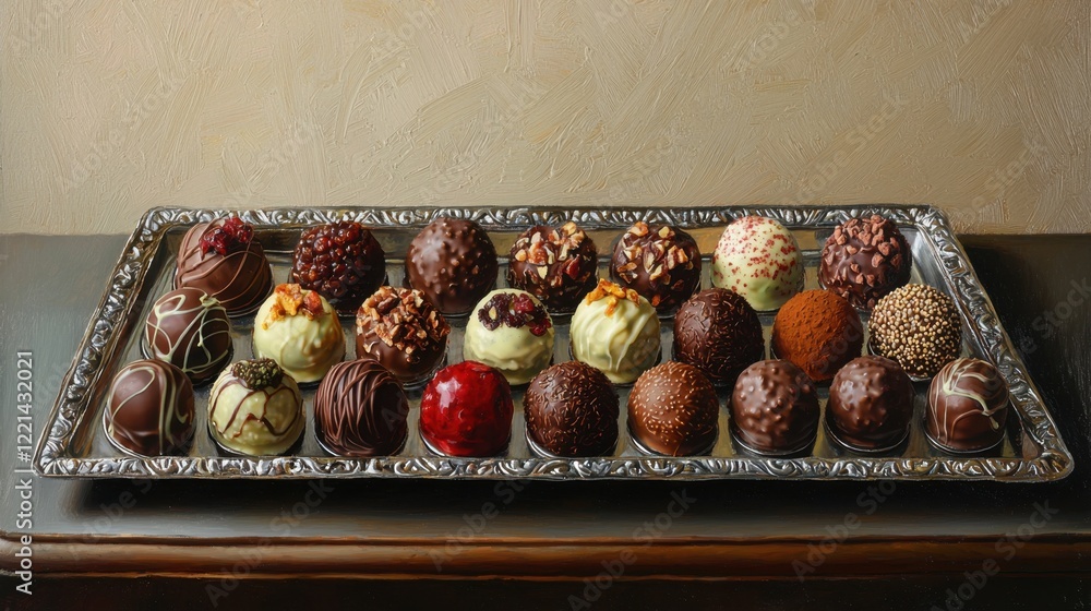 Poster a tray of assorted chocolates is displayed on a table