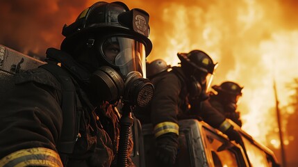 Naklejka premium Three firefighters are wearing gas masks