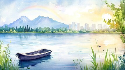 Obraz premium Serene Lakeside Scene With Boat Mountains And City Skyline