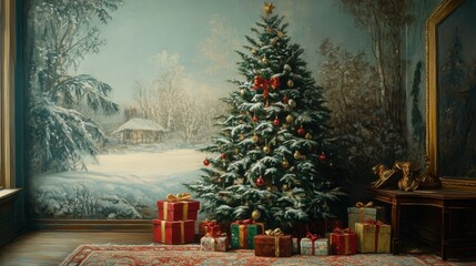 Festive christmas tree with snowy wintery background and presents