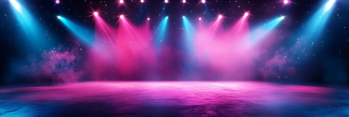Pink and blue spotlights illuminating an empty stage filled with smoke, creating a vibrant and dramatic atmosphere