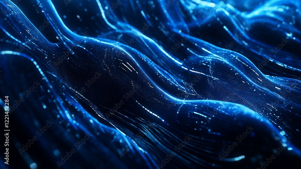 Poster abstract blue glowing waves with dotted lines creating a futuristic look