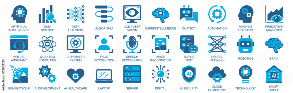 Poster Artificial intelligence icon set in flat duotone solid icons web design. Pack pictograms with data science, deep learning, algorithm, computer, vision, automation, brain, other. Vector illustration.