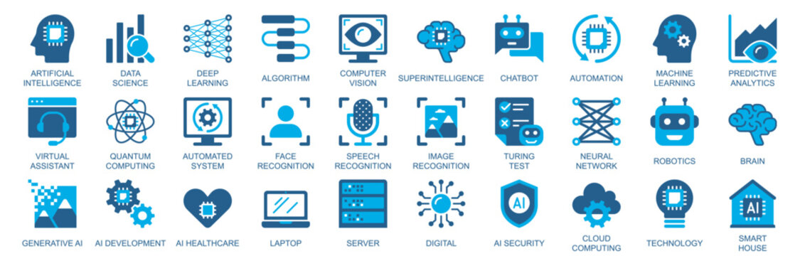 Artificial intelligence icon set in flat duotone solid icons web design. Pack pictograms with data science, deep learning, algorithm, computer, vision, automation, brain, other. Vector illustration.