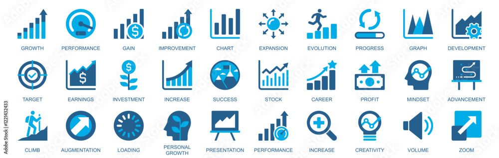 Aufkleber growth icon set in flat duotone solid icons web design. pack pictograms with performance, gain, impr