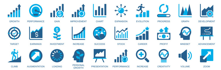 Growth icon set in flat duotone solid icons web design. Pack pictograms with performance, gain, improvement, expansion, evolution, progress, graph, earning, investment, other. Vector illustration.