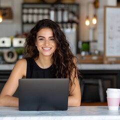 Smiling woman working laptop cafe coffee shop