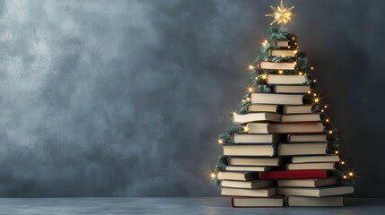 Creative book christmas tree with twinkling lights against gray background