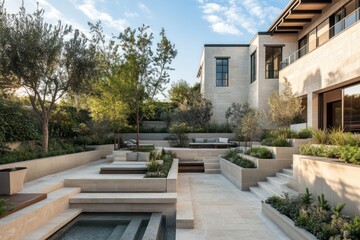 A serene wellness exterior with layered terraces, natural stone finishes, and open-air courtyards