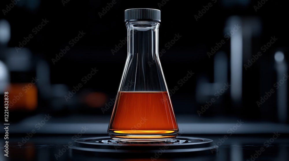 Poster a flask of curiosity: a single erlenmeyer flask filled with a vibrant amber liquid rests on a hot pl