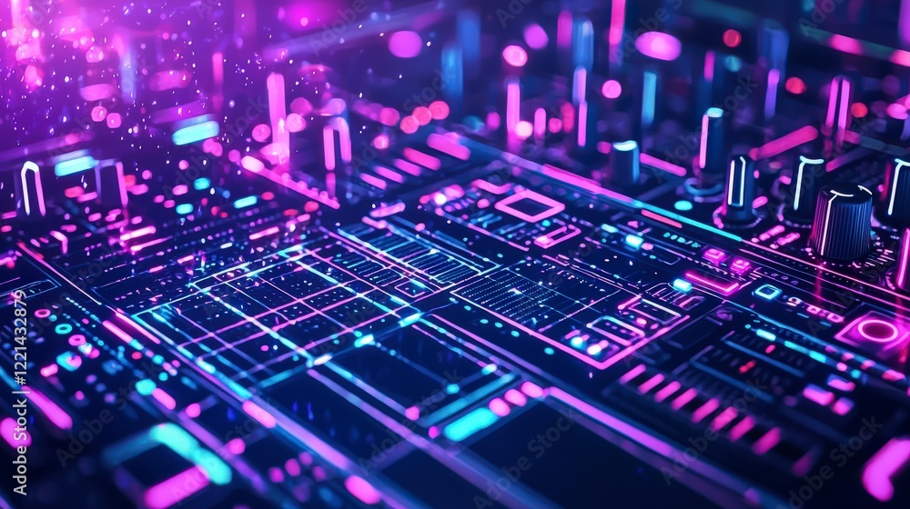Aufkleber abstract close-up of a vibrant digital circuit board with glowing elements, illustrating innovation 