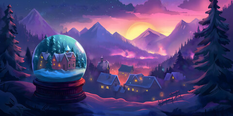Enchanting winter village scene at sunset with glowing cottages, towering mountains, and a snow globe centerpiece, ideal for holiday themes, fantasy designs, or festive storytelling