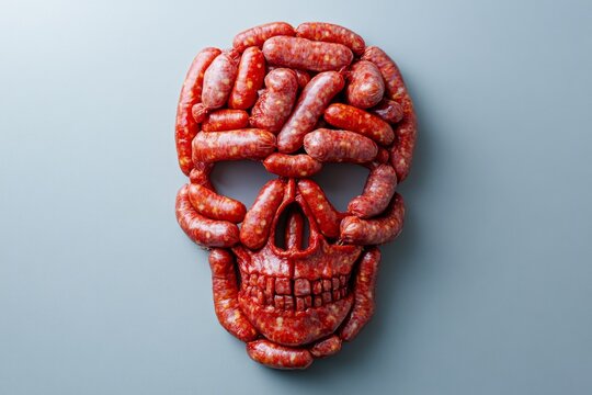 Sausages forming a skull shape on a gray background, representing health risks associated with eating processed meat