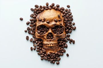 Roasted coffee beans arranged in the shape of a skull on a white background, symbolizing caffeine addiction and dependence