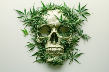 Obraz premium Human skull covered with fresh cannabis leaves and buds, representing the potential dangers of drug abuse and addiction