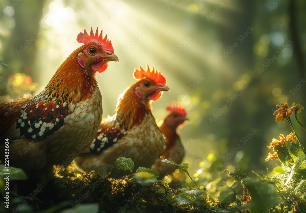 Poster vibrant roosters in sunlit forest setting with soft rays of light filtering through trees, capturing