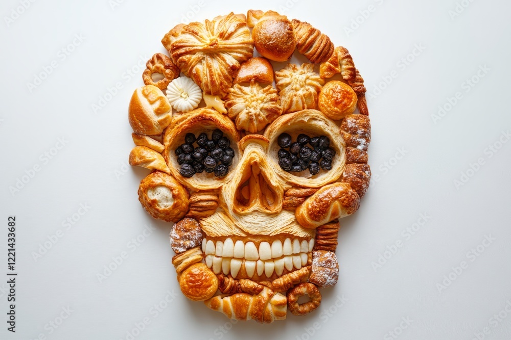 Poster bread skull made of various types of bread and pastry, creating a spooky and artistic representation