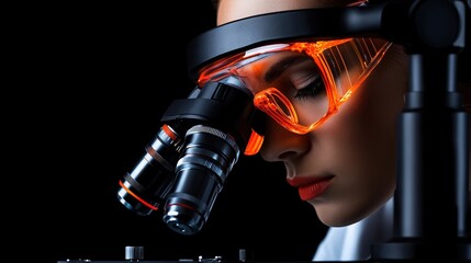 Intrigued by Discovery:  A young female scientist, with a determined look in her eyes, peers intently through a microscope in a darkened laboratory.