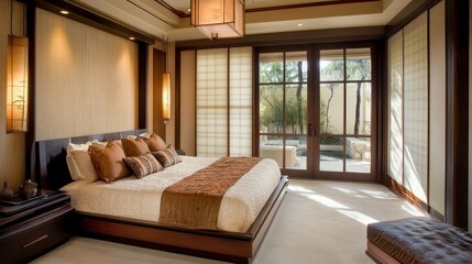 Elegant Coastal Bedroom With Sliding Doors Revealing Tropical Scenery and Natural Light During a Sunny Day