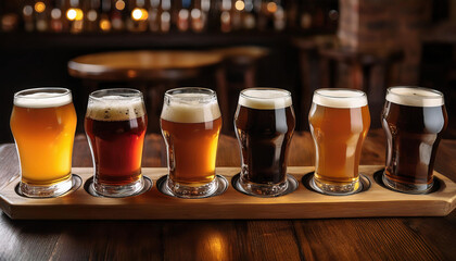 A wooden flight board displays six different craft beers ranging from light golden ales to dark stouts in tasting glasses.