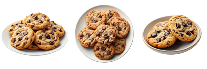 A Set of Crispy Freshly Baked Chocolate Chip Cookies on Elegant Plates Isolated on transparent Background